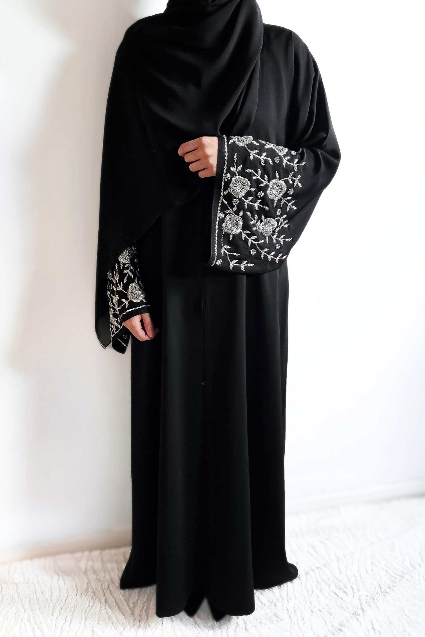 Black Korean nida abaya with heavy embellished sleeves silver beadwork, buttons down middle, occasionwear