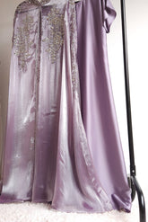 Elegant long lilac, ivory, neutral dress/cape/abaya for nikah, weddings, occasionwear, heavy embellished