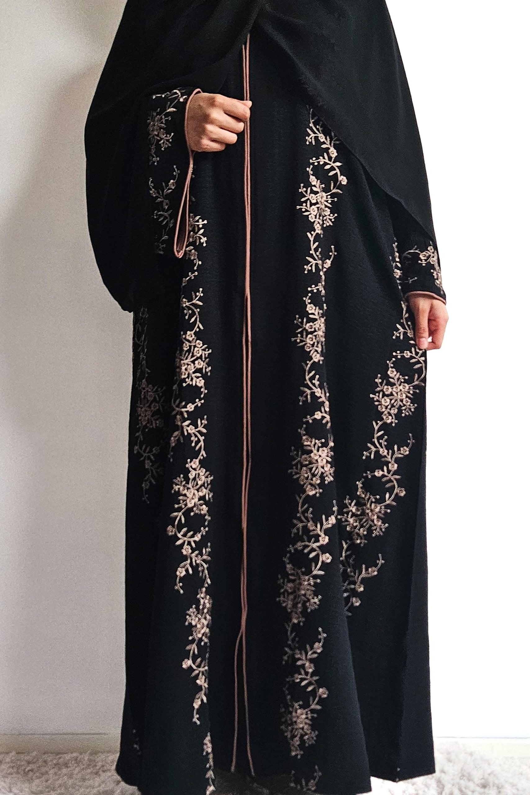 Black abaya with gold threadwork, wear open or closed