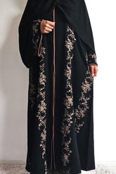 Black abaya with gold threadwork, wear open or closed