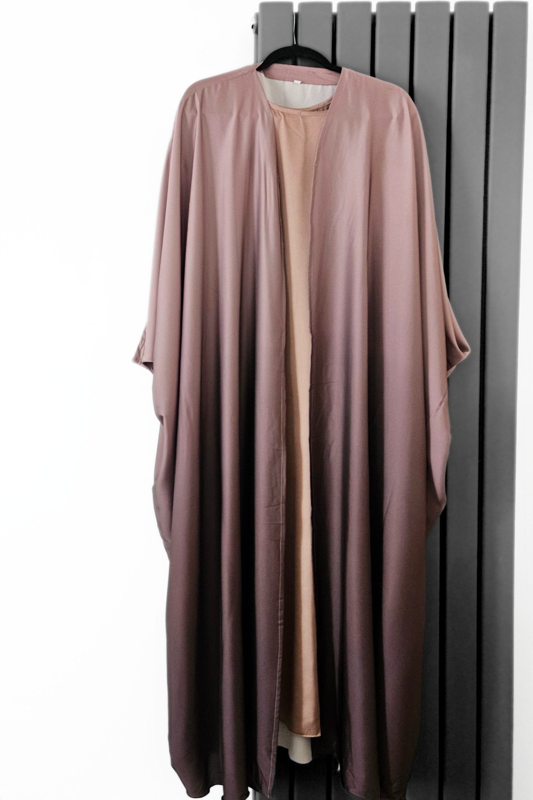 SIlk ombre two tone mauve open abaya, farasha with inner mocha silk dress and chiffon hijabs