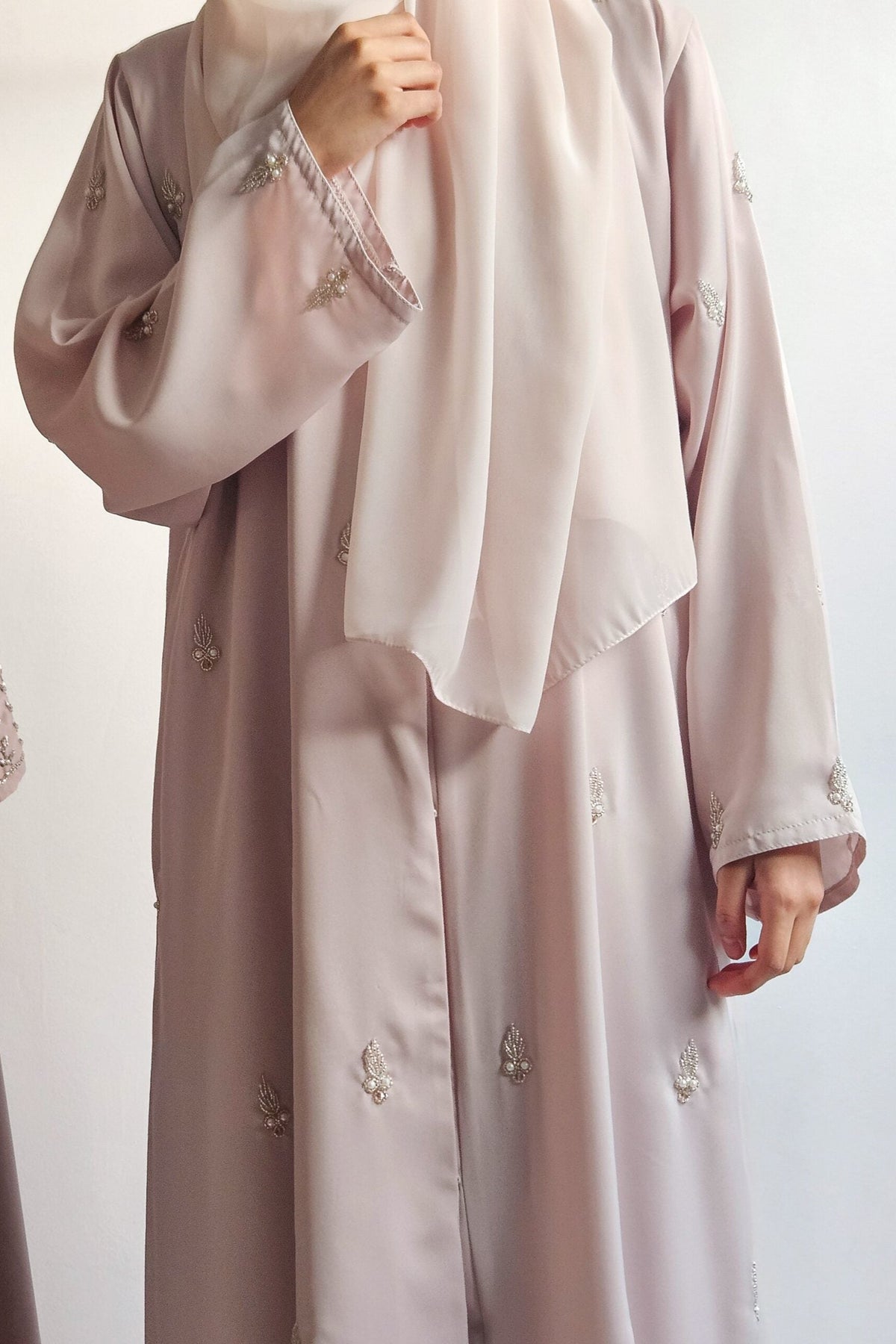 light pink ivory abaya matching hijab for nikah, occasion