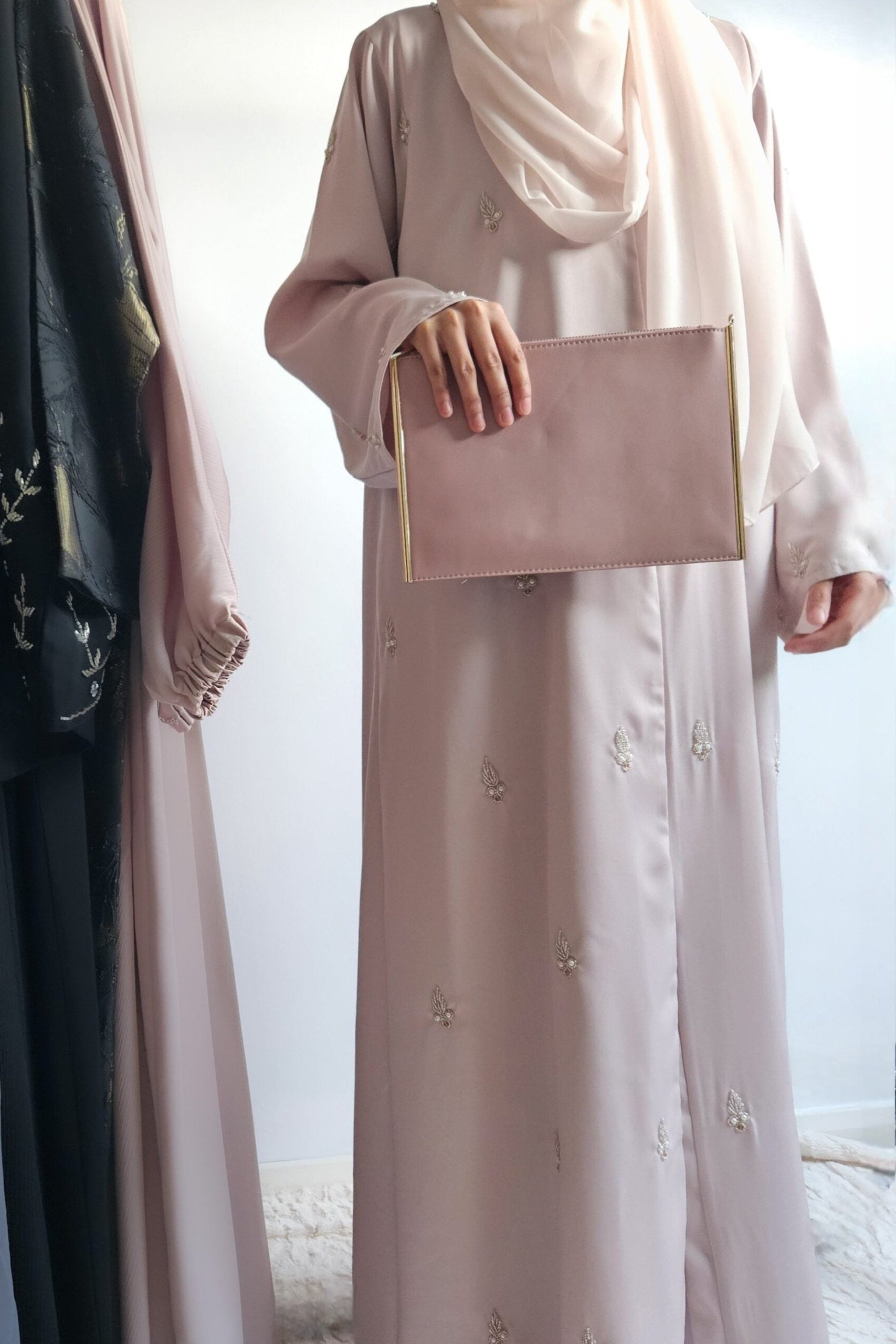 White ivory beadwork long sleeve abaya for nikah, occasion