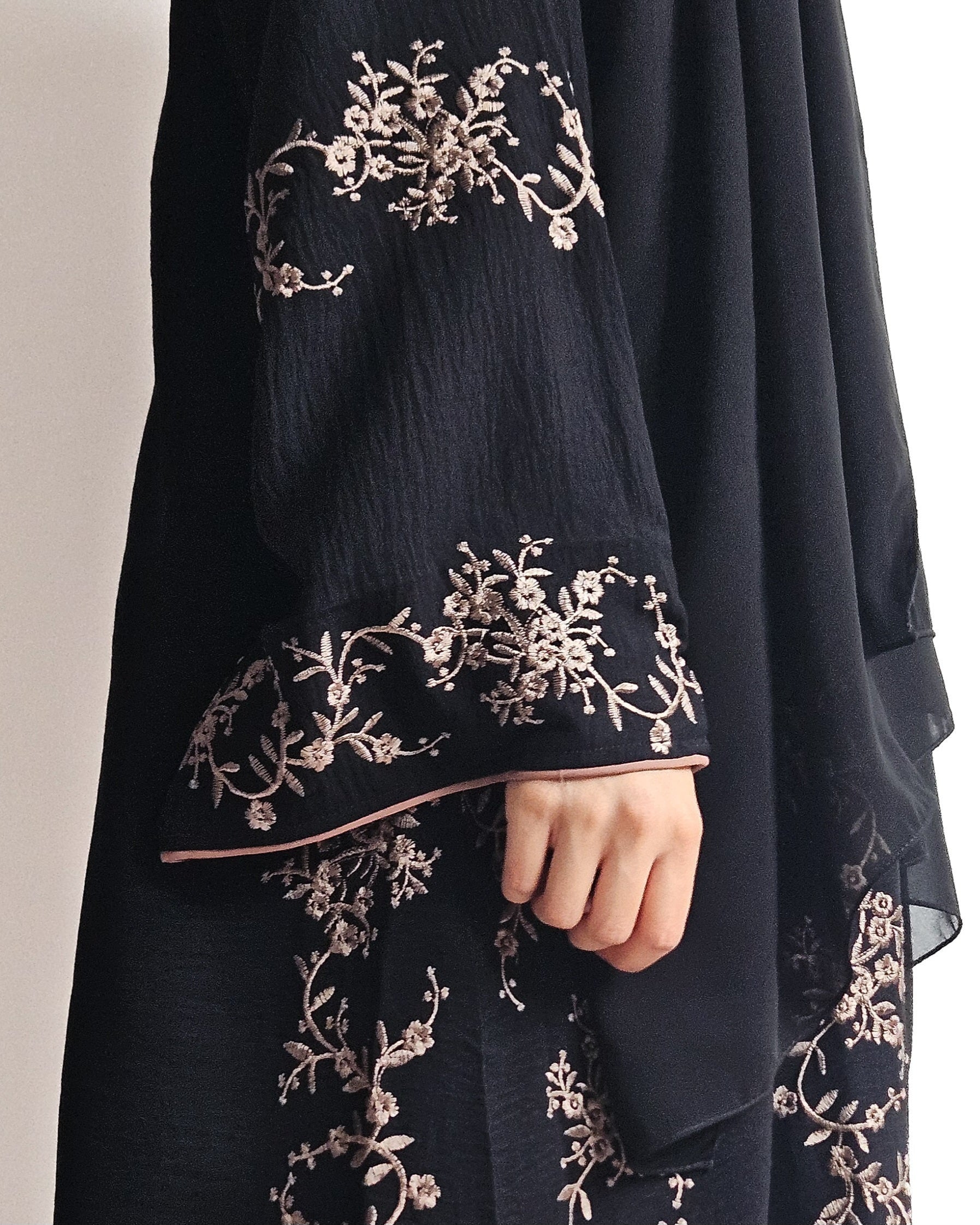Black abaya with gold threadwork, wear open or closed