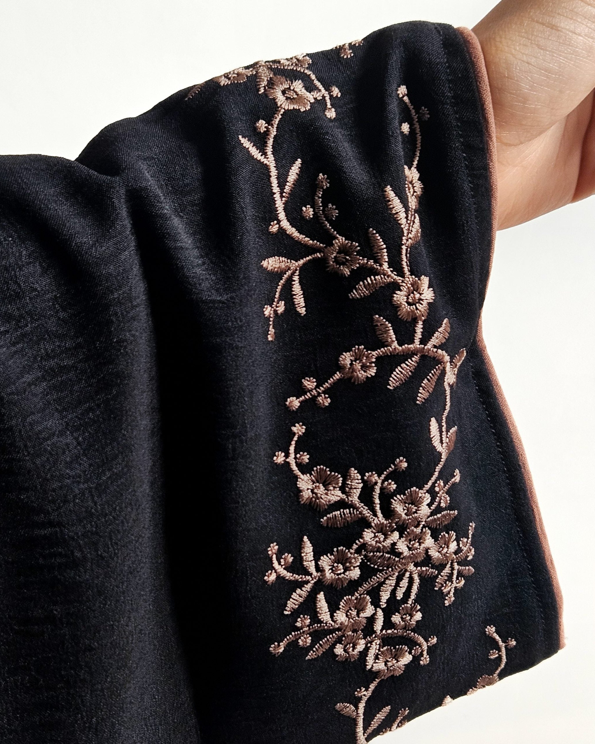 Black abaya with gold threadwork, wear open or closed