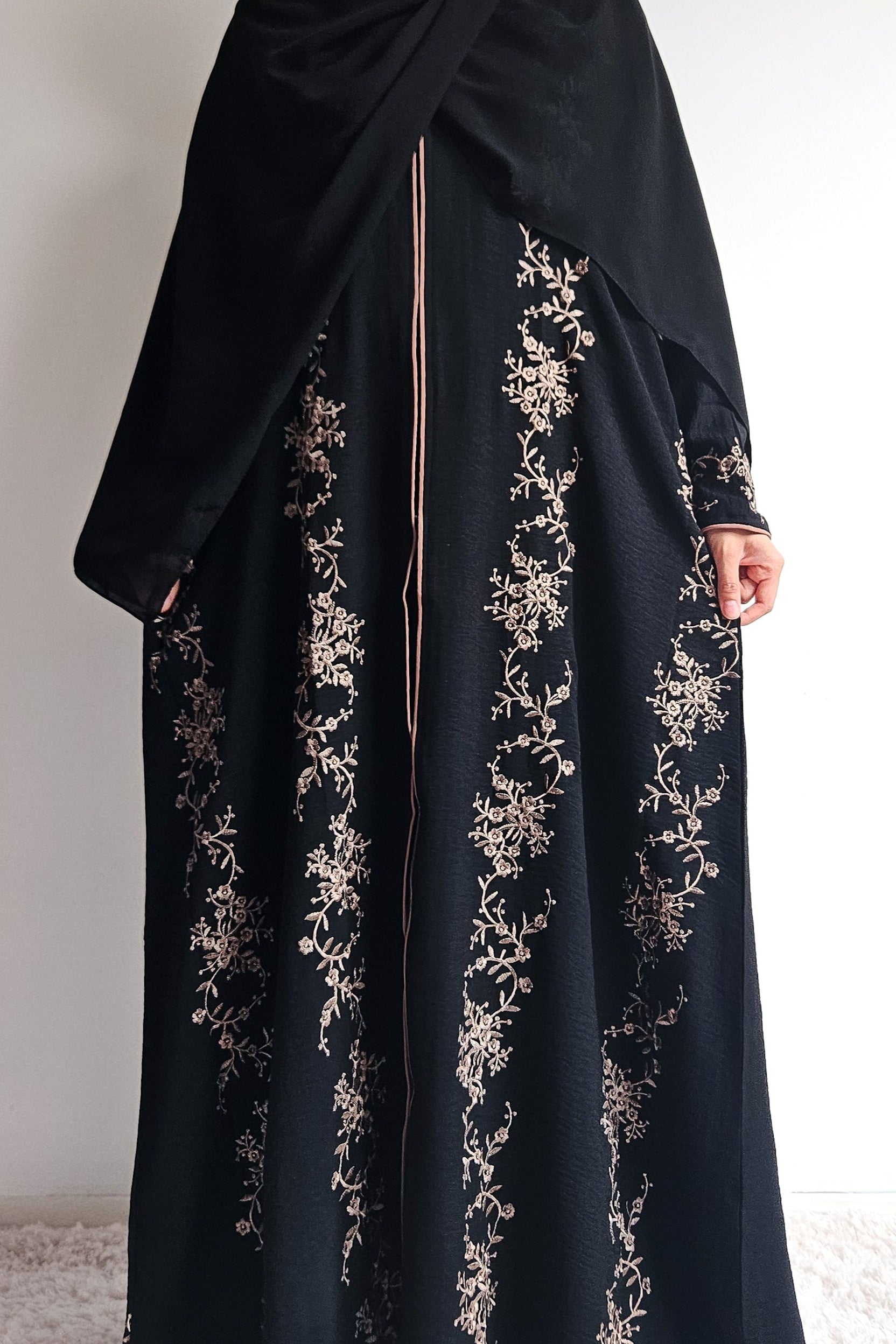 Black abaya with gold threadwork, wear open or closed