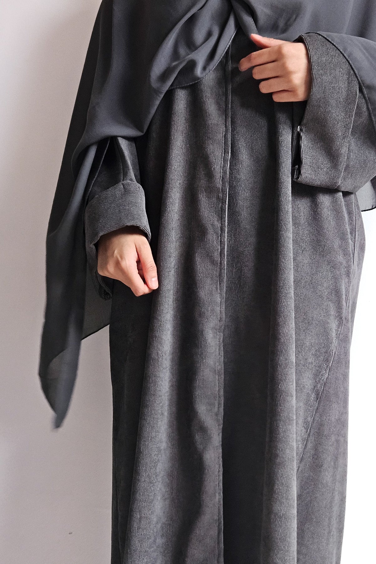 Grey corduroy open abaya